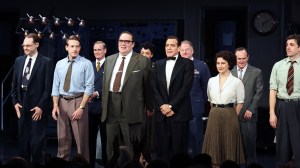 George Clooney celebrates with the cast on stage during the curtain call for Broadway's 'Good Night, And Good Luck' Opening Night at the Winter Garden Theatre.