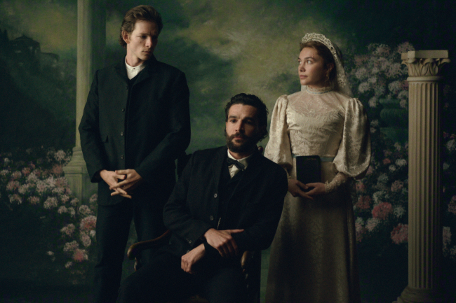 East of Eden. (Left to Right) Mike Fist as Charles Trask, Christopher Abbott as Adam Trask, Florence Pugh as Cathy Ames in episode 103 of East of Eden. Cr. Courtesy of Netflix © 2026