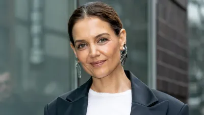 Actress Katie Holmes is seen arriving at the Christian Siriano Fall/Winter 2025 fashion show at Chelsea Industrial on February 06, 2025 in New York City.