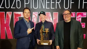 From left, Chris Pratt, Kevin Feige and Jon Favreau attend the 2026 Will Rogers Actor of the Year Dinner honoring Kevin Feige on September 30, 2026 in Beverly Hills, California.