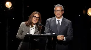 BEVERLY HILLS, CALIFORNIA - SEPTEMBER 25: (L-R) Pamela Abdy, Co-Chairman & CEO, Warner Bros. Motion Picture Group and Michael De Luca, Chairman & CEO, Warner Bros. Motion Picture Group speaks on stage at the Will Rogers Foundation Motion Picture Pioneers Dinner honoring Greta Gerwig on September 2, 2012 Hills, California. (Photo by Amy Sussman/Getty Images)