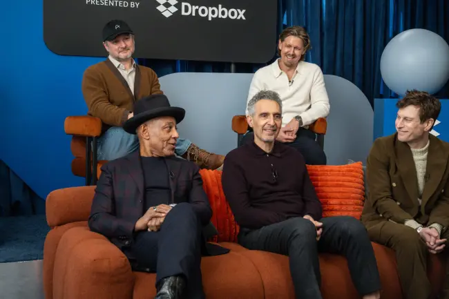 Giancarlo Esposito, Rian Johnson, John Turturro, Leopold Hughes and Noah Segan at IndieWire Studio Presented by Dropbox at Sundance on January 25, 2026 in Park City, Utah.
