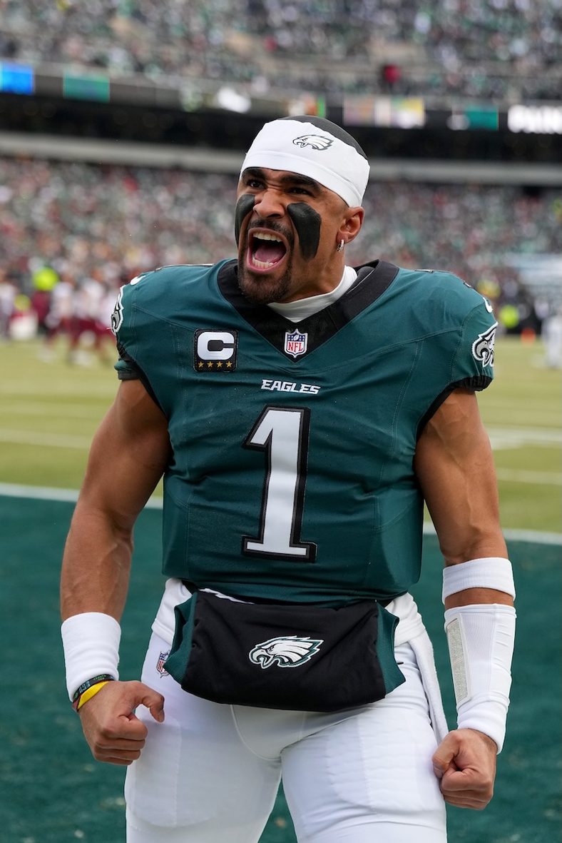 Jalen Hurts #1 of the Philadelphia Eagles reacts in the end zone before the NFC Championship Game against the Washington Commanders 