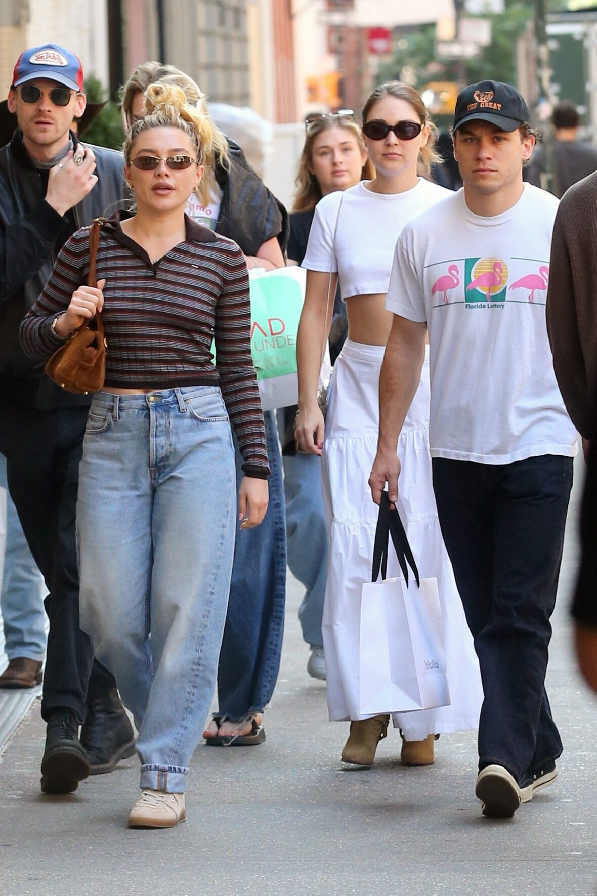 Florence Pugh has been promoting her new series East of Eden in New York City. On the day of her release, she was spotted shopping with boyfriend Finn Cole and later stepped out for dinner in a red corset top.