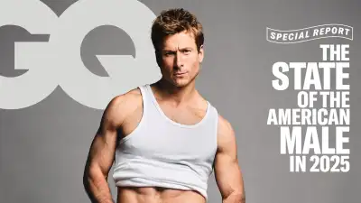 Glen Powell flexes big muscles on the 'masculinity' camp cover of 'GQ'