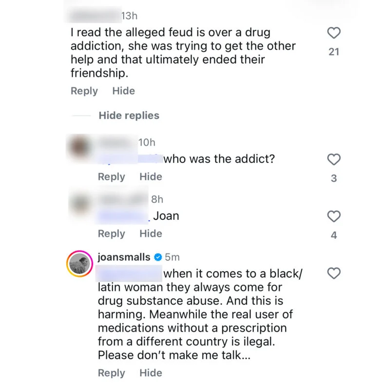 Screenshot of Joan Smalls comments from Just Jared's Instagram
