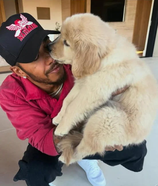Lewis Hamilton posing with a puppy