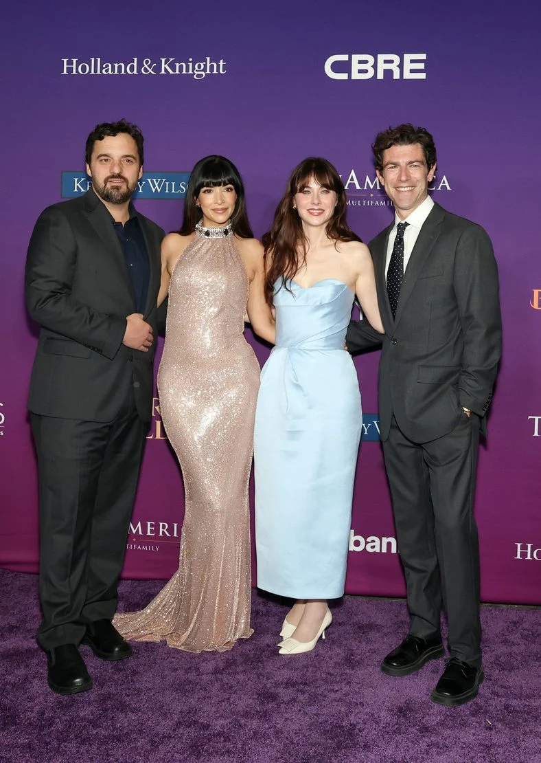 Jake Johnson, Hannah Simone, Zooey Deschanel, and Max Greenfield pose on the carpet at the Chrysalis Butterfly Ball