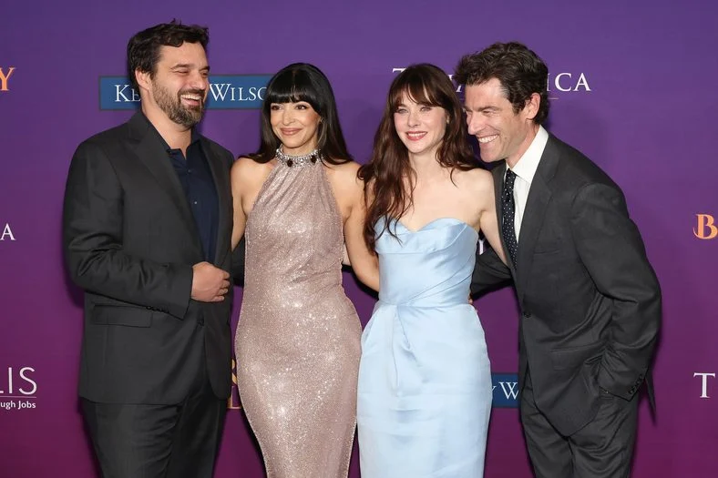 Jake Johnson, Hannah Simone, Zooey Deschanel, and Max Greenfield pose for photos on the carpet at the Chrysalis Butterfly Ball