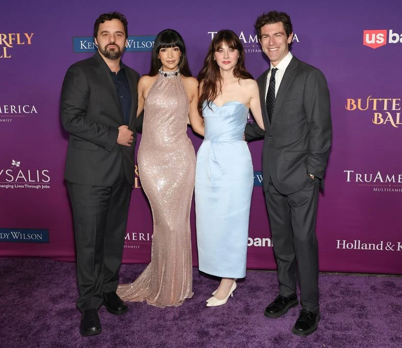 Jake Johnson, Hannah Simone, Zooey Deschanel, and Max Greenfield pose on the carpet at the Chrysalis Butterfly Ball