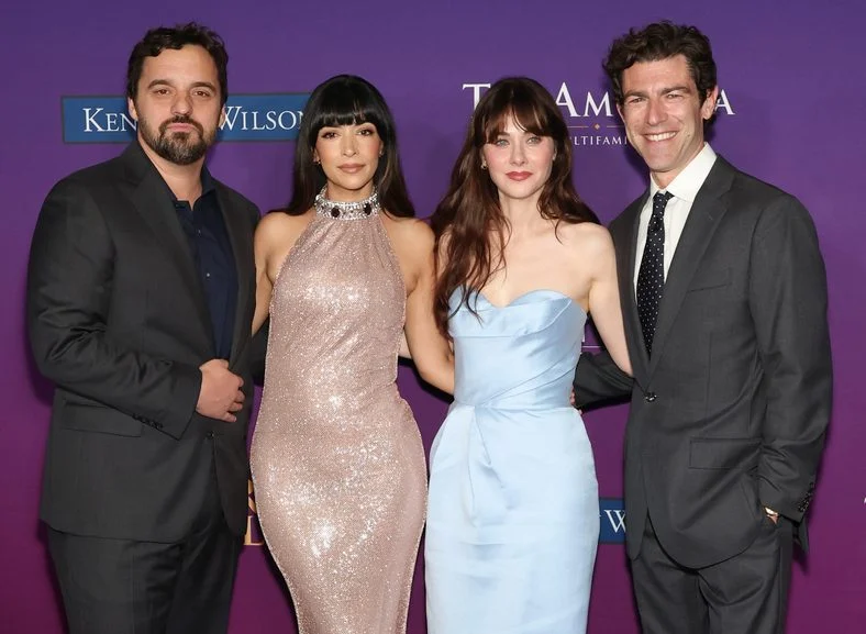 Jake Johnson, Hannah Simone, Zooey Deschanel, and Max Greenfield pose on the carpet at the Chrysalis Butterfly Ball