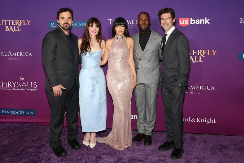 Jake Johnson, Hannah Simone, Zooey Deschanel, Lamorne Morris and Max Greenfield pose on the carpet at the Chrysalis Butterfly Ball