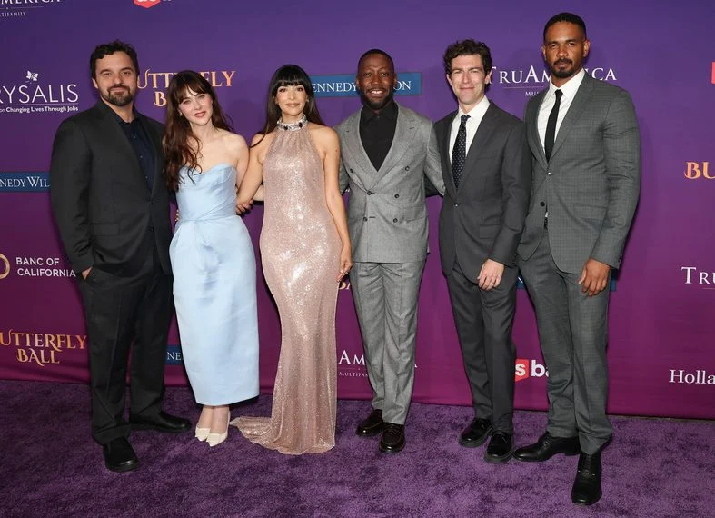 Jake Johnson, Hannah Simone, Zooey Deschanel, Lamorne Morris and Damon Wayans Jr. and Max Greenfield pose on the carpet at the Chrysalis Butterfly Ball