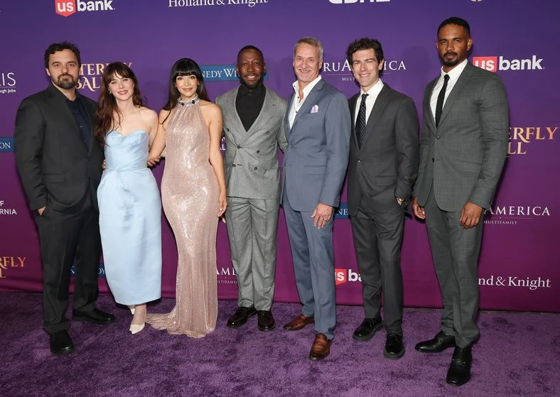 Jake Johnson, Hannah Simone, Zooey Deschanel, Lamorne Morris and Damon Wayans Jr. and Max Greenfield pose on the carpet at the Chrysalis Butterfly Ball