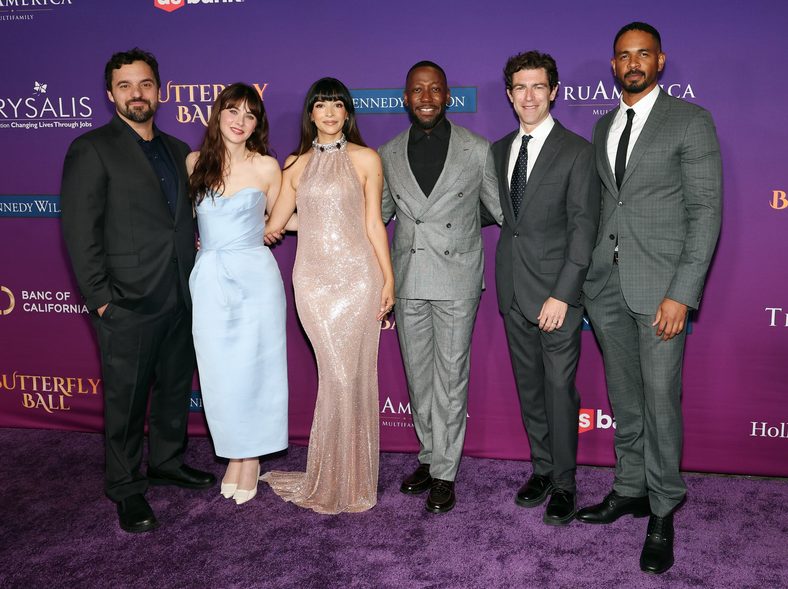 Jake Johnson, Hannah Simone, Zooey Deschanel, Lamorne Morris and Damon Wayans Jr. and Max Greenfield pose on the carpet at the Chrysalis Butterfly Ball