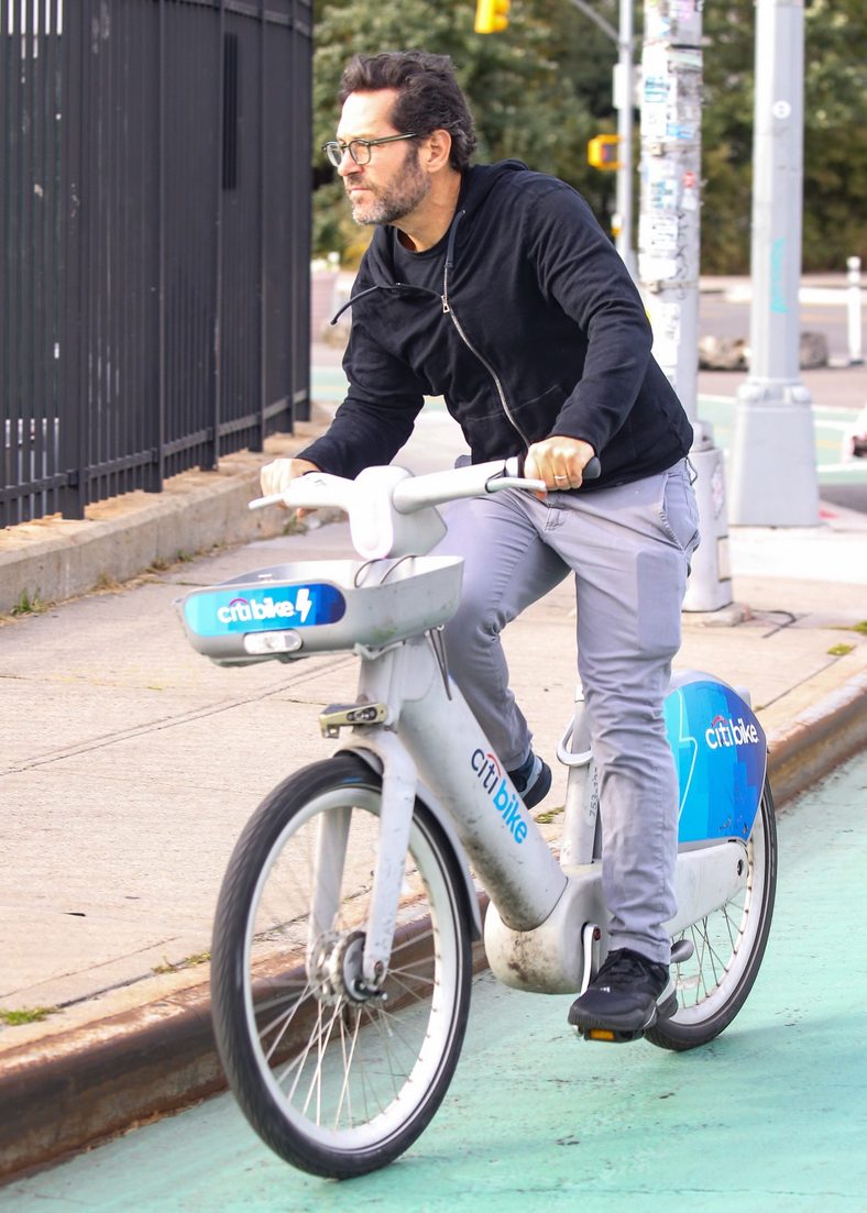 Paul Rudd rides a Citibike in New York City