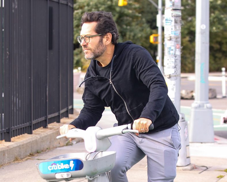 Paul Rudd rides a Citibike in New York City