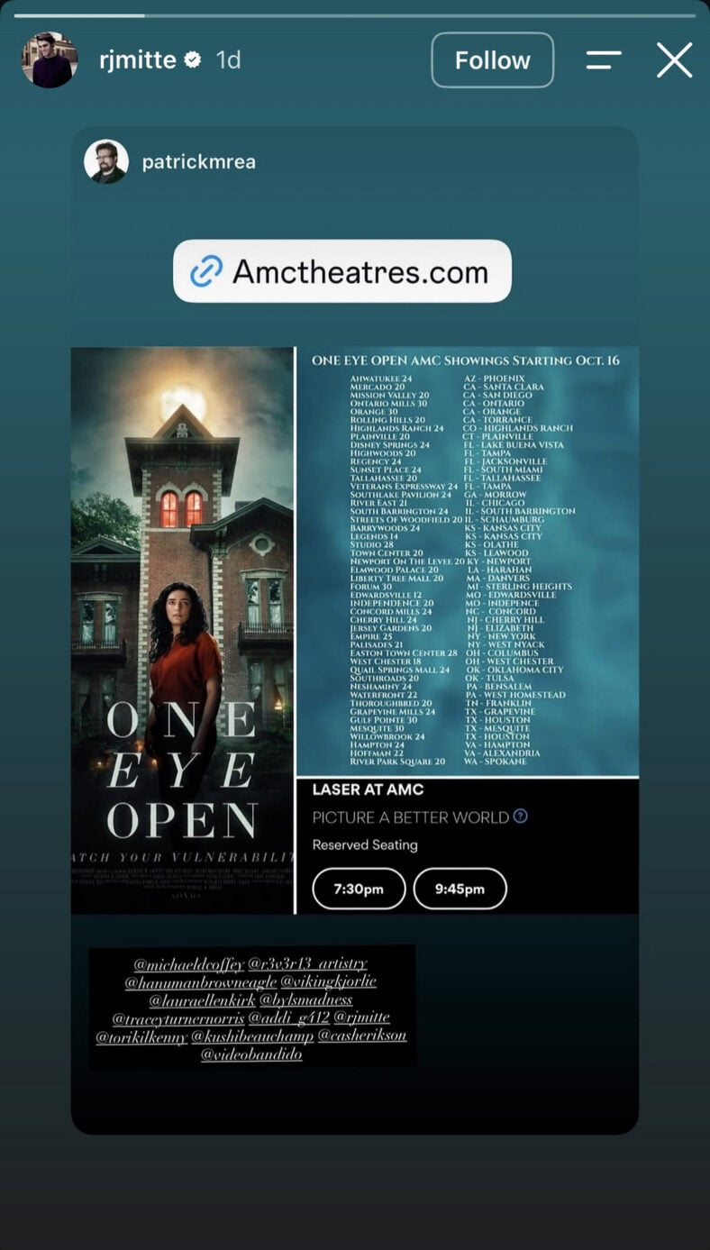 An Instagram story from RJ Mitte showing theaters for the movie One Eye Open