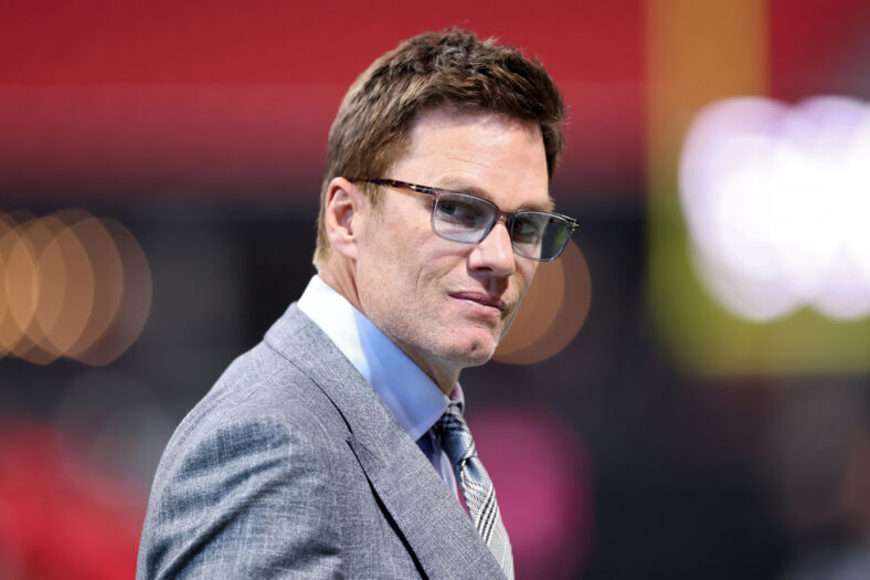 : Sports analyst Tom Brady looks ahead before the game between the Atlanta Falcons and the Chicago Bears at Mercedes-Benz Stadium on October 18, 2026 in Atlanta, Georgia.