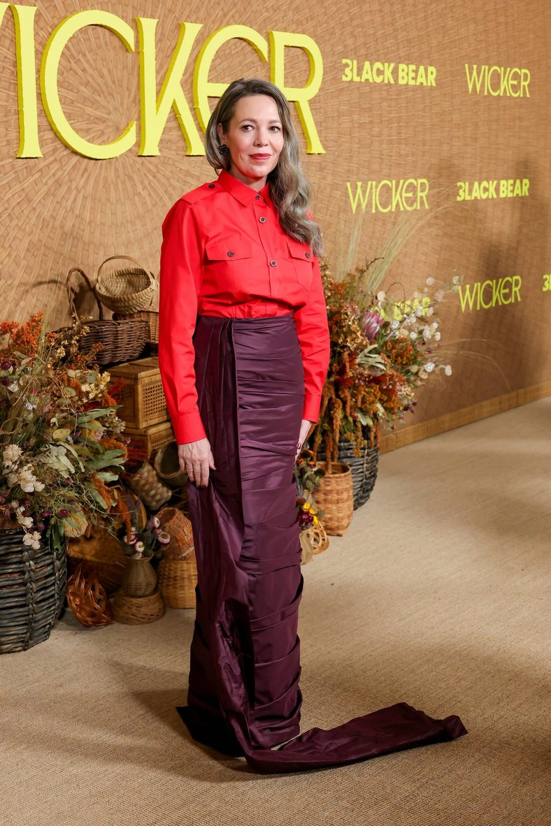 Olivia Colman poses on the carpet at the premiere of her new movie Wicker in Los Angeles