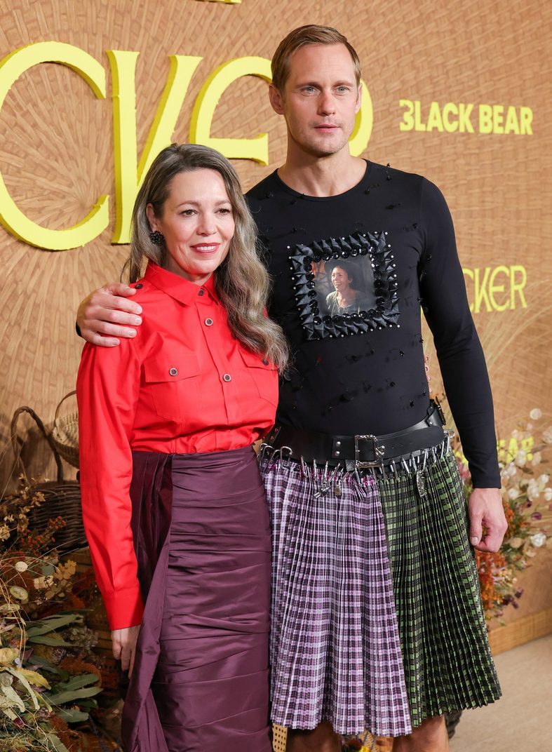 Olivia Colman and Alexander Skarsgard pose together at the Wicker premiere in Los Angeles